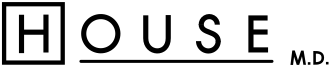 Text in all capitals, black letters spelling out House M.D., the "H" is in a square and the "OUSE" is underlined.