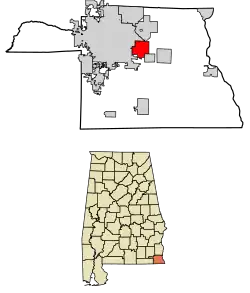 Location of Cowarts in Houston County, Alabama.