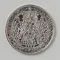 1587 medal commemorating Elizabeth I holding scepter and orb, trampling a hydra, with Robert Dudley, 1st Earl of Leicester, the Governor-General of the United Provinces, to her right. Five cherubs hold the arms of the United Provinces [3]