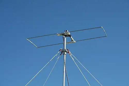 Moxon antenna. Centers of the left and right segments and all of the middle boom are made of insulated tubing, keeping the long front and back segments electrically separate