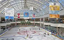 An ice hockey rink seen from a second storey above it. There are two teams playing at the far end. People are watching the game from both levels; there are stores behind them. Above the rink is a glass ceiling from which advertising banners hang promoting the tournament sponsors, as well as the Canadian and U.S. flags (27 June 2015).