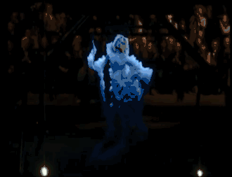 A blue-tinted projection of a woman spinning slowly clockwise, wearing a long ruffled dress that billows as if wind is blowing on her.