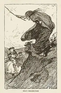 Black and white image of a gypsy woman cursing a man