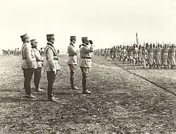 King Ferdinand with Prince Carol and General Eremia Grigorescu carrying out an inspection of the troops after taking the oath in the summer of 1917