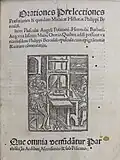 A title page printed in Paris in 1508 showing the style preceding the 1530s: a font dark in colour, with wide capitals, tilted 'e's, large dots on the 'i' recalling calligraphy and blackletter headings.[293]