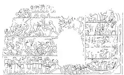 A line drawing reproducing scene from a tomb. The scene has a hole in the middle, and the top had been damaged and noes not survive. The image is divided horizontally into four equal parts. Each contains people fighting. In the middle - partially obscured by the missing portion - is a ladder rising through all four horizonal segments. On the right a tablet shape encloses more people, and this space is divided horizontally into five. The tablet shape is interpreted as a city wall, and the scene depicts a siege.