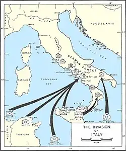 Map of Italy showing the three landing areas
