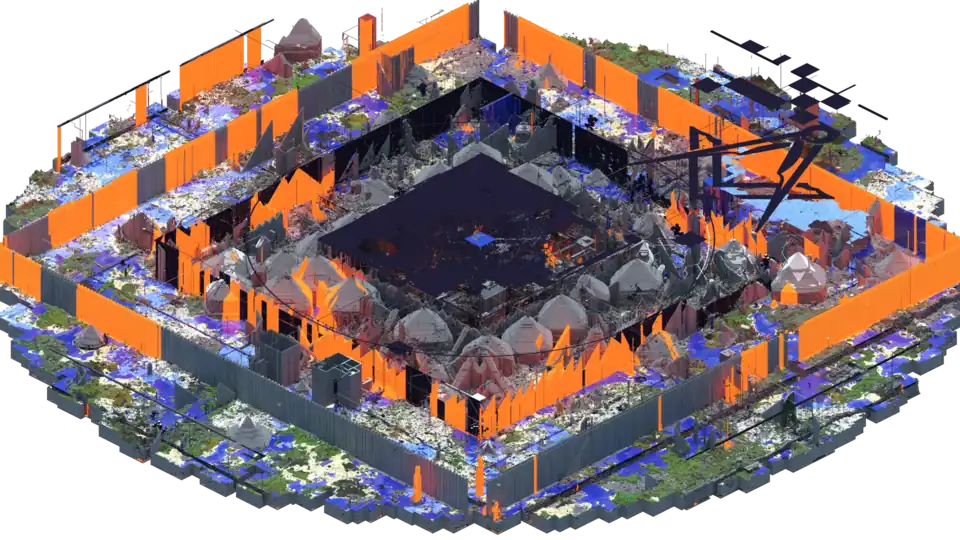 A render of 2b2t's spawn region as of June 2019, providing an alternative side view in an isometric projection of the render in the Culture section