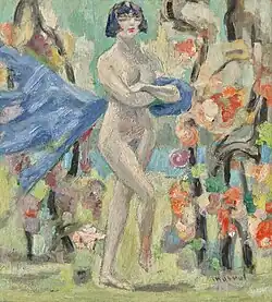 Nude woman with a bob haircut standing balanced on her let leg before flowering trees.