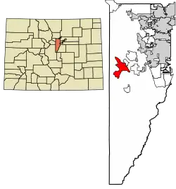 Location of the Evergreen CDP in Jefferson County, Colorado.