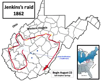 county map of West Virginia highlighting Jenkins's route