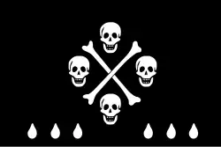 Another of Levasseur's pirate flags, described as a “Black flag in which for figure there were four skulls and two bones in cross with white tears”.[36]