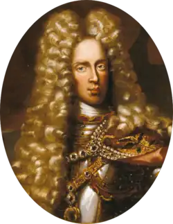 Oval painting of a man wearing an enormous curly blonde wig that reaches to his chest. Under his pretty golden tresses he wears a steel cuirass.