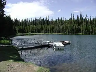 A metal and wooden dock and a small white boat floating beside in shallow water, with evergreen trees in the background