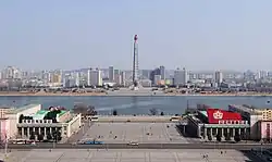 View of the Juche Tower from the roof of the Grand People's Study House