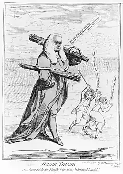 Cartoon of Sir Francis Buller in judges' robes and powdered wig, carrying bundles of rods whose ends resemble thumbs; in the background, a man with a rod raised over his head is about to strike a woman who is running away from him