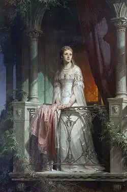 painting of a girl in a long dress on a balcony, she is looking to the right