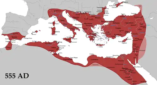 The empire in 555 under Justinian I, its greatest extent since the fall of the Western Roman Empire, vassals shaded in pink