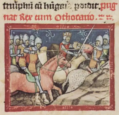Chronicon Pictum, Hungarian, Hungary, King Béla IV, King Ottokar II of Bohemia, Hainburg, cavalry battle, fight, sword, armor, horse, horsemen, medieval, chronicle, book, illumination, illustration, history