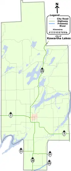 Map of Kawartha Lakes showing roads, highways, rivers, and lakes