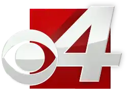 A glossy white CBS eye and italicized number 4 in a sans serif sitting over and extending beyond a red box.