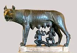 Image 23Capitoline Wolf, sculpture of the she-wolf feeding the twins Romulus and Remus, the most famous image associated with the founding of Rome. According to Livy, it was erected in 296 BC. (from Founding of Rome)