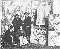 Cuthbert Hamilton (seated), Kate Lechmere, Edward Wadsworth and Wyndham Lewis at the Rebel Art Centre, March 1914.