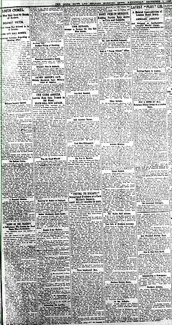 "Black and white photograph of a densely populated newspaper page containing multiple headings and sub-headings"