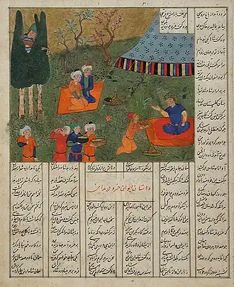 An illustration from a manuscript of Ferdowsi's Shahnameh, depicting Barbad (top left) hidden in the trees playing for Khosrow (bottom right).[21]