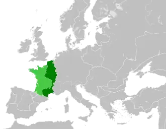 The Kingdom of France in 1190. The bright green area was controlled by the Angevin Empire.