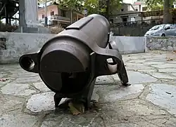 Remnants of a 25 cm schwerer Minenwerfer in Kissos (Pelion, Greece) Rear view.
