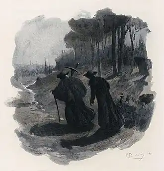 Father Sérapion leads Romuald to the cemetery where Clarimonde is buried.