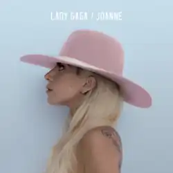 Left profile picture of Lady Gaga wearing a wide pink hat, in front of a sky-blue background.