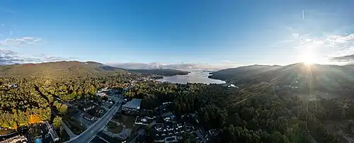 Aerial panorama of Lake George at sunrise in late September