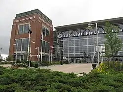 A view of Lambeau Field showing the Miller Lite gate and the Packers Pro Shop