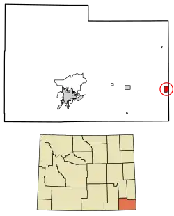 Location of Pine Bluffs in Laramie County, Wyoming.