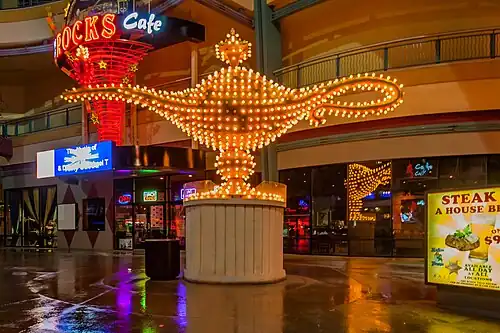 Neon genie lamp from the original Aladdin resort, seen on the grounds of the Neonopolis mall in 2012