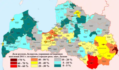 Distribution of Russians, Belarusians and Ukrainians in 2011