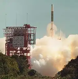 A Delta II rocket at launch carrying the LACE satellite for the Department of Defense's Strategic Defense Initiative.