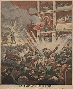 Illustration of a bomb exploding in a crowded theatre, killing a number of people in the stalls