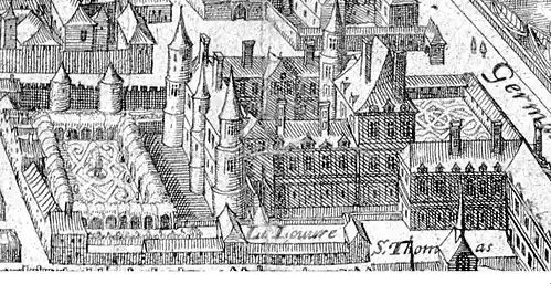 The Pavillon du Roi and Lescot Wing with the rest of the medieval castle still standing, Merian map of Paris (1615)