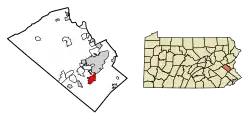 Location of Emmaus in Lehigh County, Pennsylvania (left) and of Lehigh County in Pennsylvania (right)