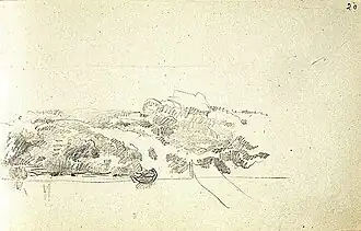 High river bank with a boat and an outlined bridge