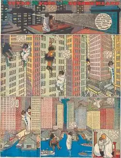 Comic strip of two giant characters wandering around a city