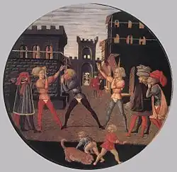 Desco da parto, with a game of Civettino, recto c. 1450, by Giovanni di ser Giovanni Guidi