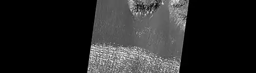 Close-up of surface of a lobate debris apron. Note the lines that are common in rock glaciers on the Earth. Image located in Hellas quadrangle.