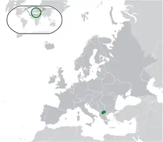 Location of North Macedonia (green) in Europe (dark grey)  –  [Legend]