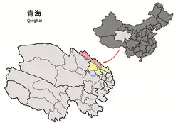 Location of Qilian County (red) within Haibei Prefecture (yellow) and Qinghai