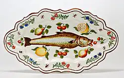 Polychrome majolica dish with paintings of a fish, flowers, and fruit, Lodi, Italy, 1751