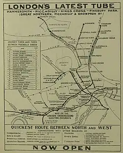 A map, with a title "London's Latest Tube", shows the route and stations of the new Piccadilly Tube route showing it as a thick heavy line with other Underground routes in thinner lines.